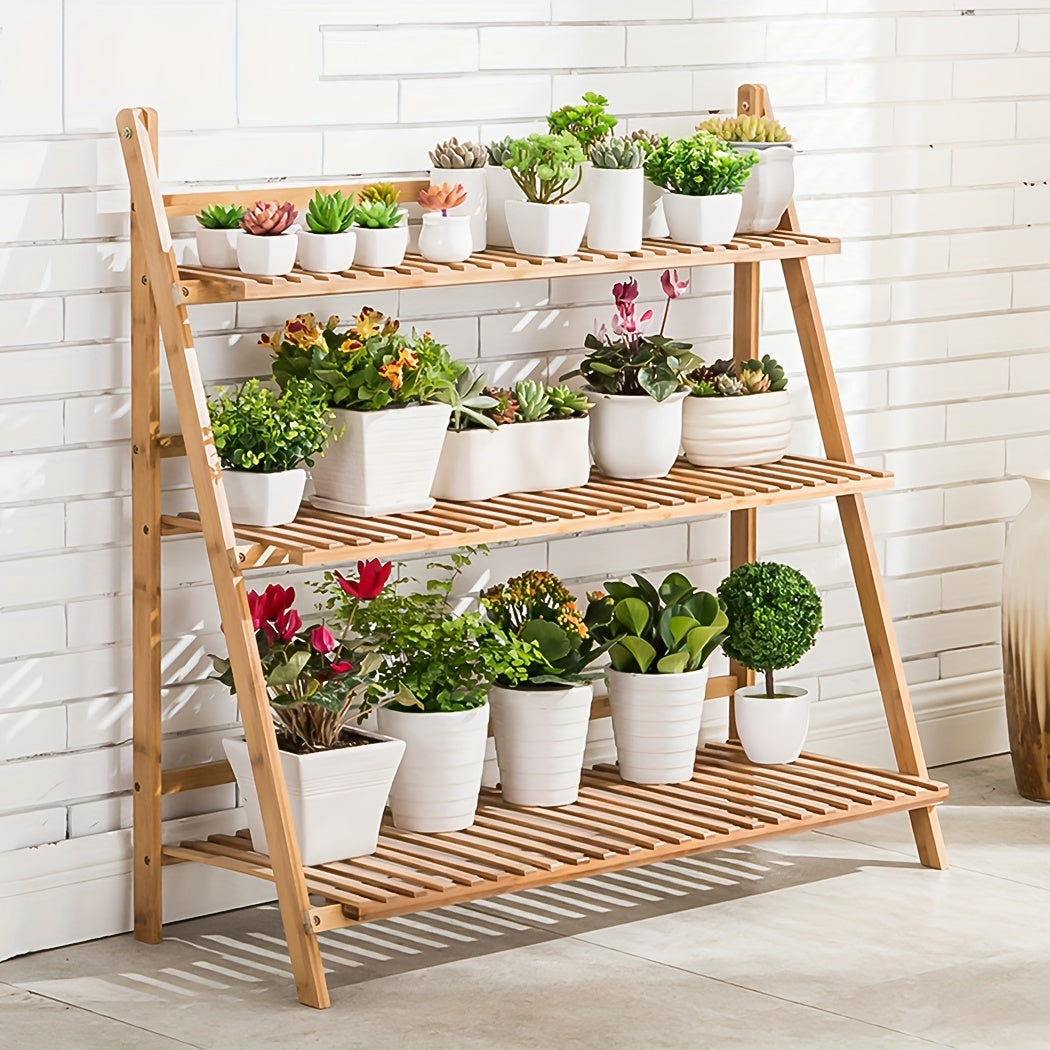 100cm Bamboo 3 Tier Foldable Plant Display Shelf For Outdoor And Indoor Use