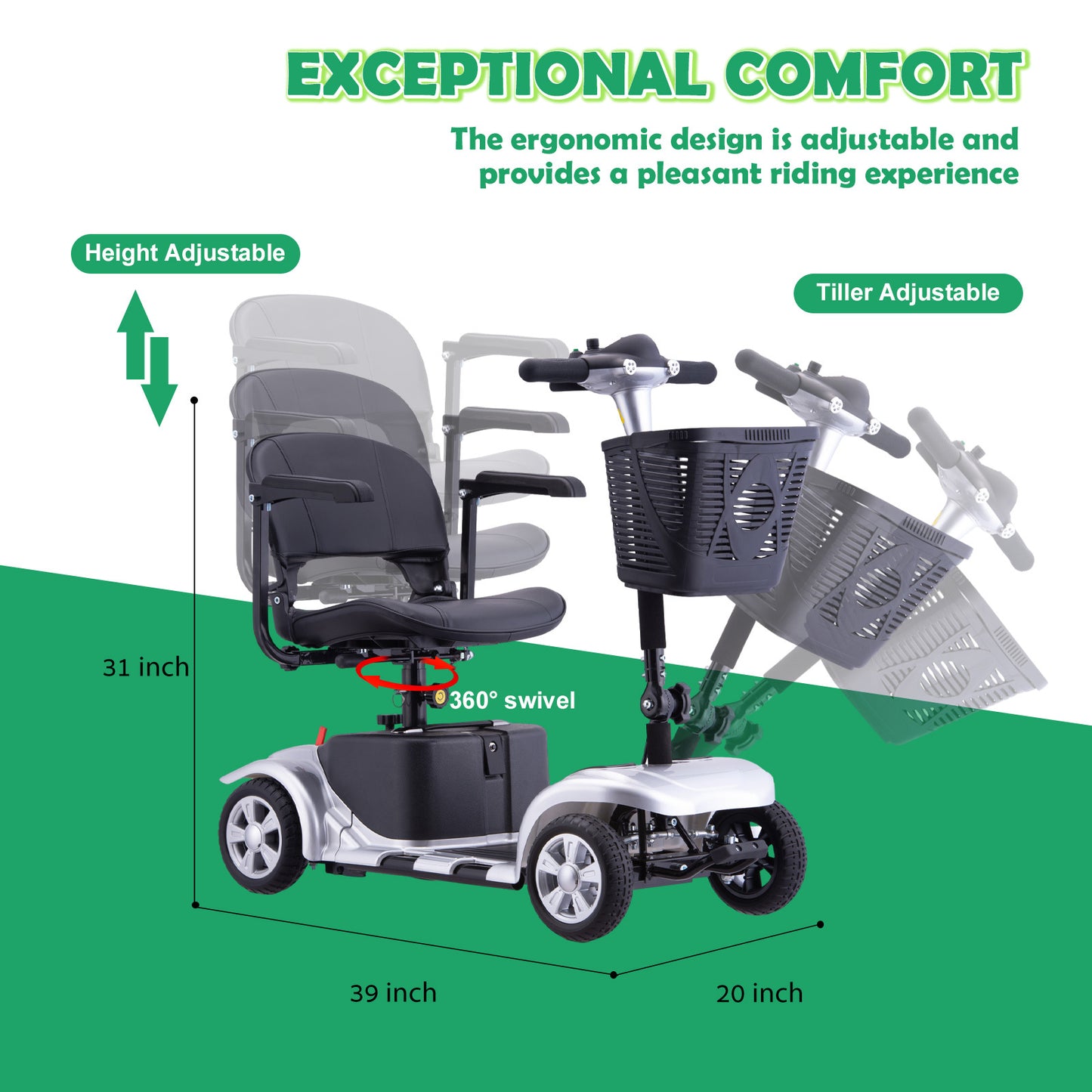 Electric Mobility Scooter for Adults, Senior, 4 Wheels Electric Powered Chargeable Device for Travel