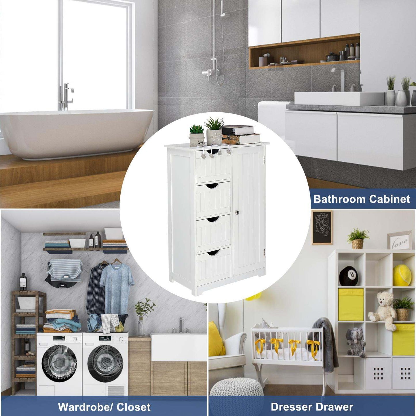 White Bathroom Floor Cabinet Side Storage With 4 Drawers 1 Cupboard 2 Shelves