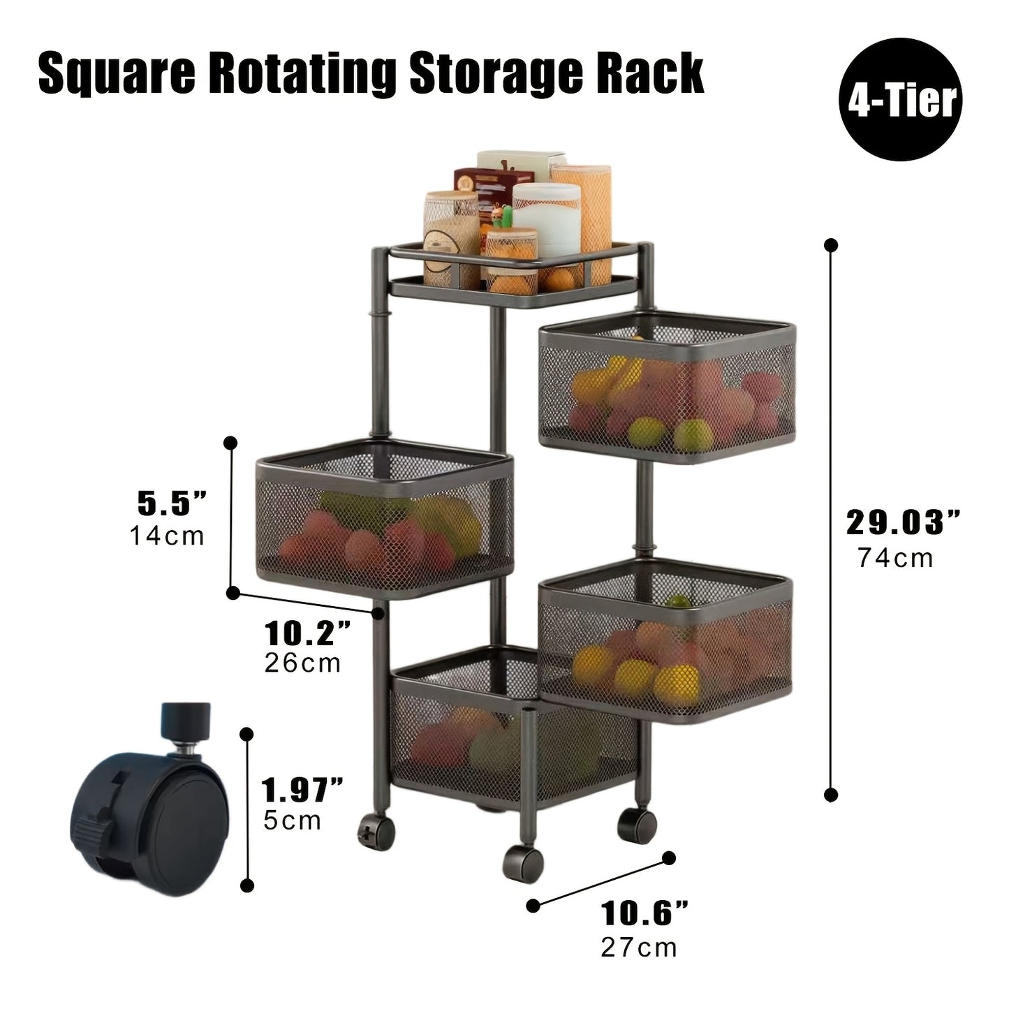 5 Tier Rotating Storage Shelf With Rolling Baskets Metal Mobile Bookcase Office