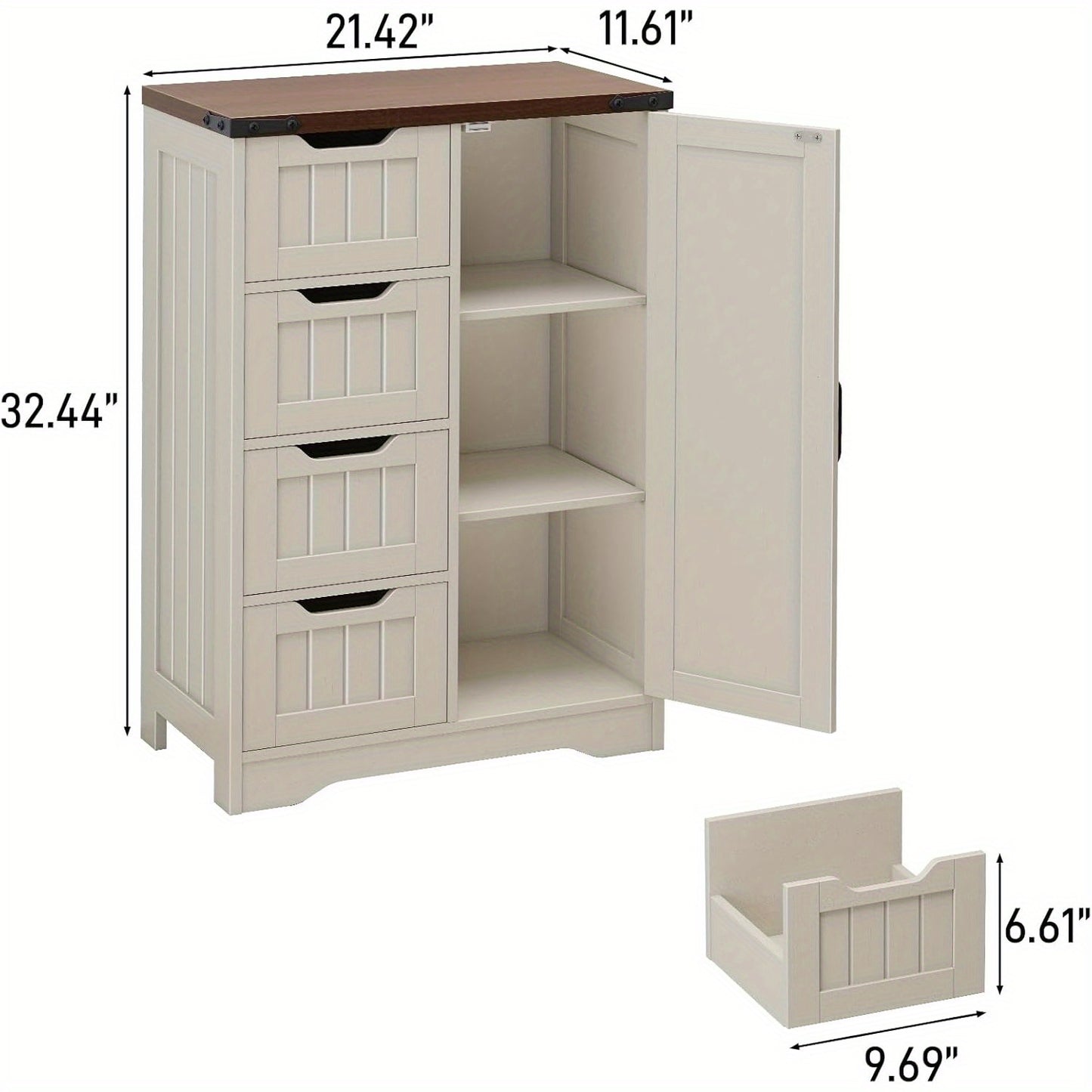 White Freestanding Rustic Slim Bathroom Storage Cabinet With 4 Drawers And Door