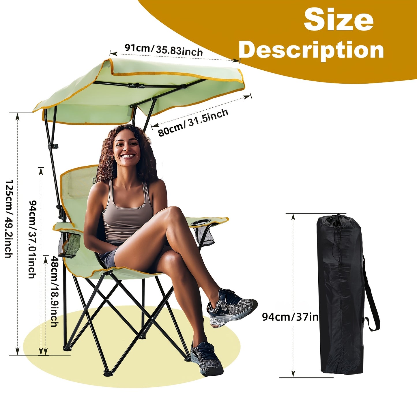 Foldable Portable Outdoor Chair With Shade Canopy And Side Pocket For Camping