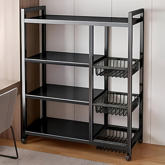 Movable 4-Tier Adjustable Kitchen Storage Rack With Wheels And Wire Baskets