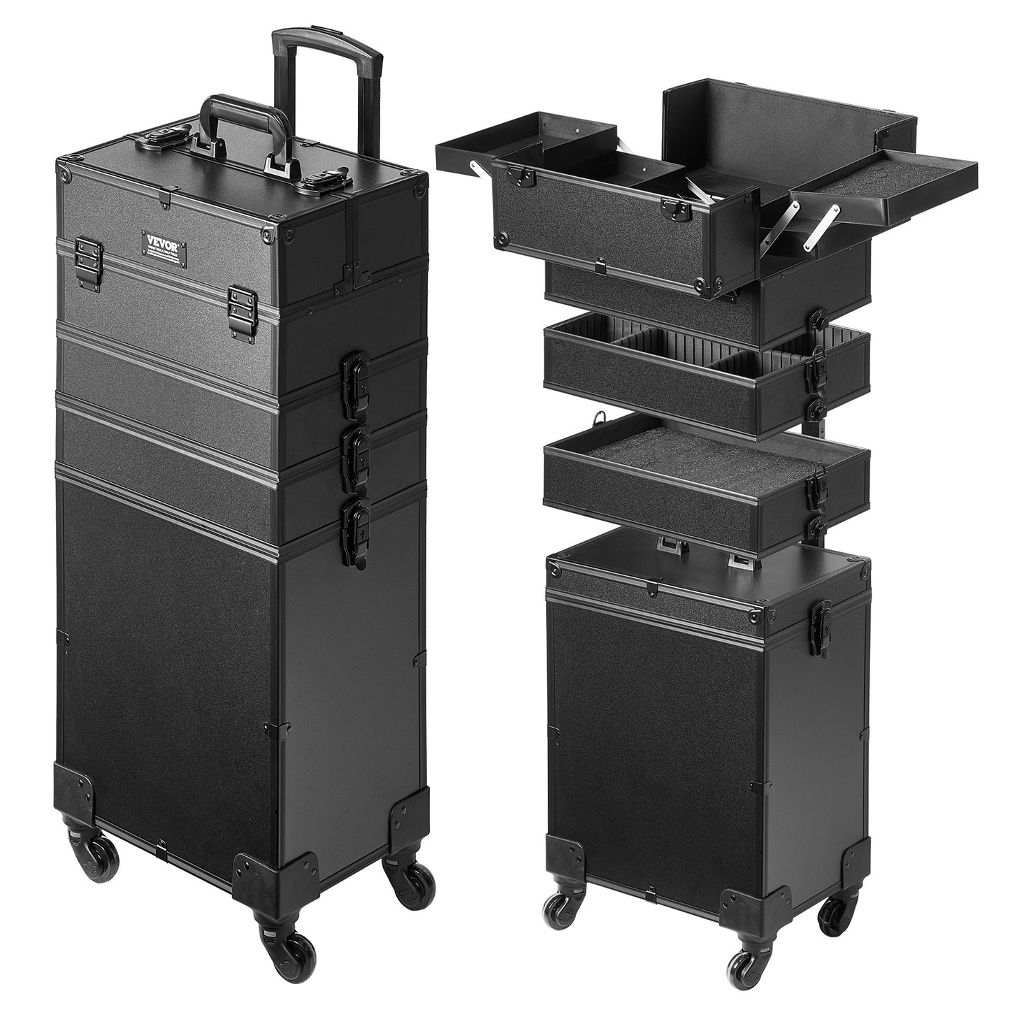 VEVOR 5 In 1 Extra Large Professional Makeup Train Case Rolling Case Black