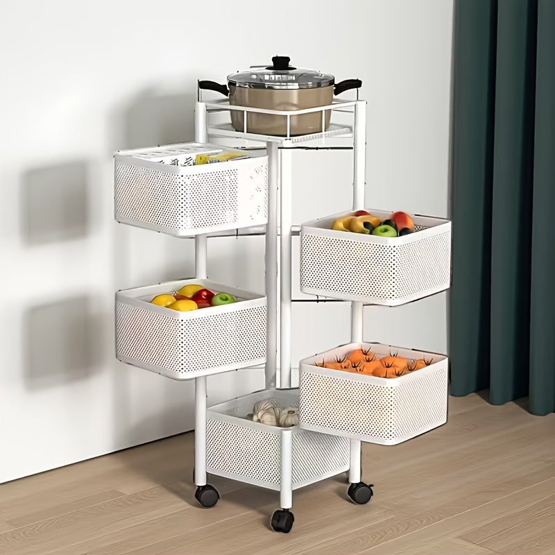 5 Tier Rotating Storage Shelf With Rolling Baskets Metal Mobile Bookcase Office
