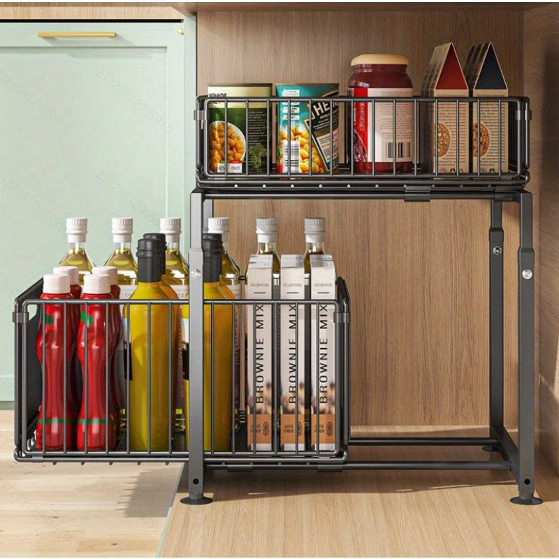 Two Level Pull Out Under Sink Organizer Carbon Steel For Kitchen Bath Storage