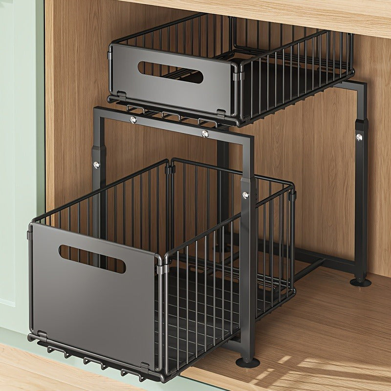 Two Level Pull Out Under Sink Organizer Carbon Steel For Kitchen Bath Storage