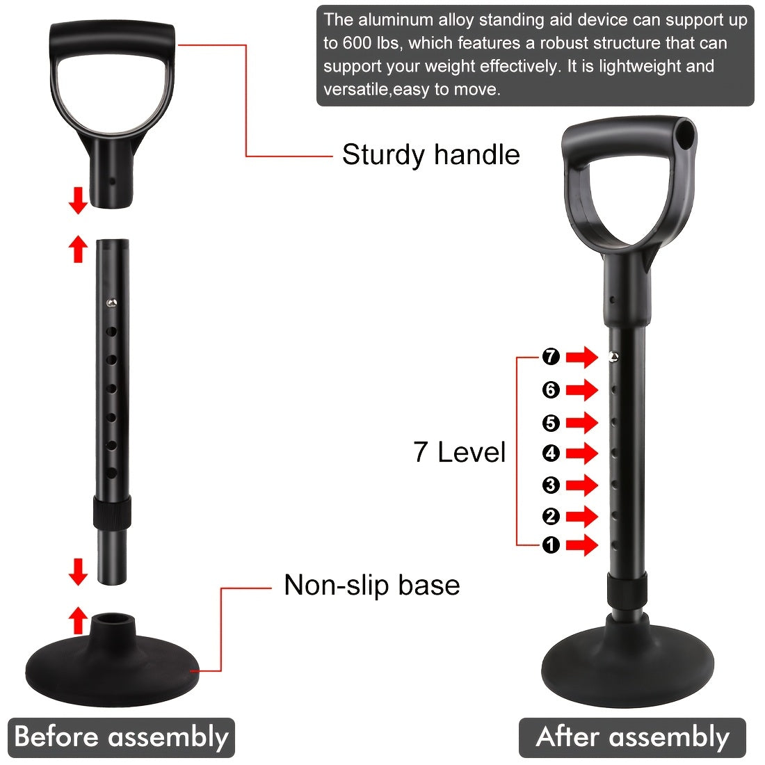 1pc Adjustable Metal Standing Aid Support Bar - Portable Lift Assist Tool with 7 Height Levels, Non-Slip Rubber Base & Firm Handle, Black Aluminum Mobility Aid for Easy Floor Rising & Gardening Assistance