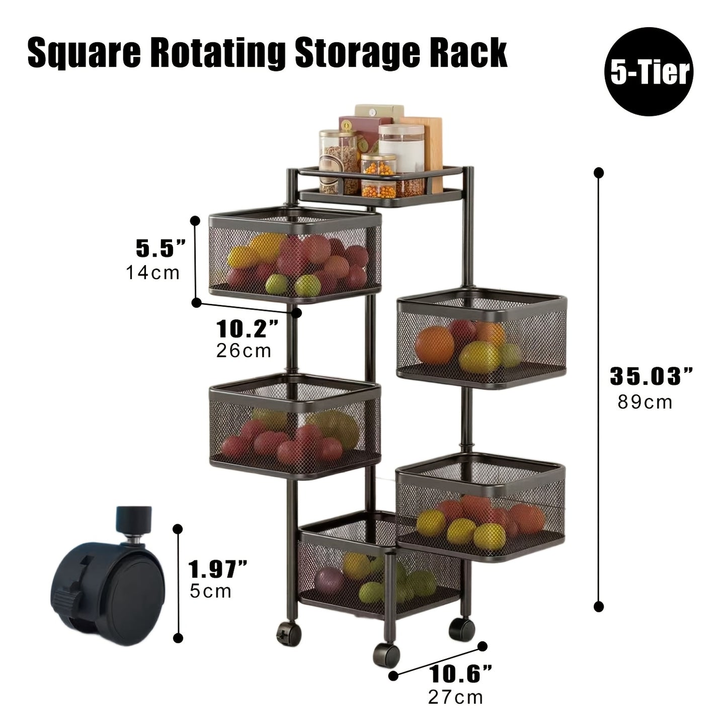 5 Tier Rotating Storage Shelf With Rolling Baskets Metal Mobile Bookcase Office