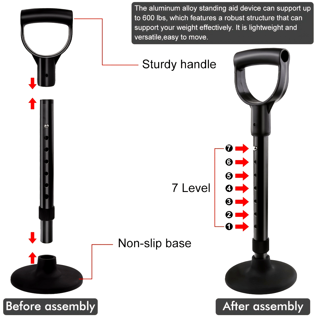 1pc Adjustable Metal Standing Aid Support Bar - Portable Lift Assist Tool with 7 Height Levels, Non-Slip Rubber Base & Firm Handle, Black Aluminum Mobility Aid for Easy Floor Rising & Gardening Assistance