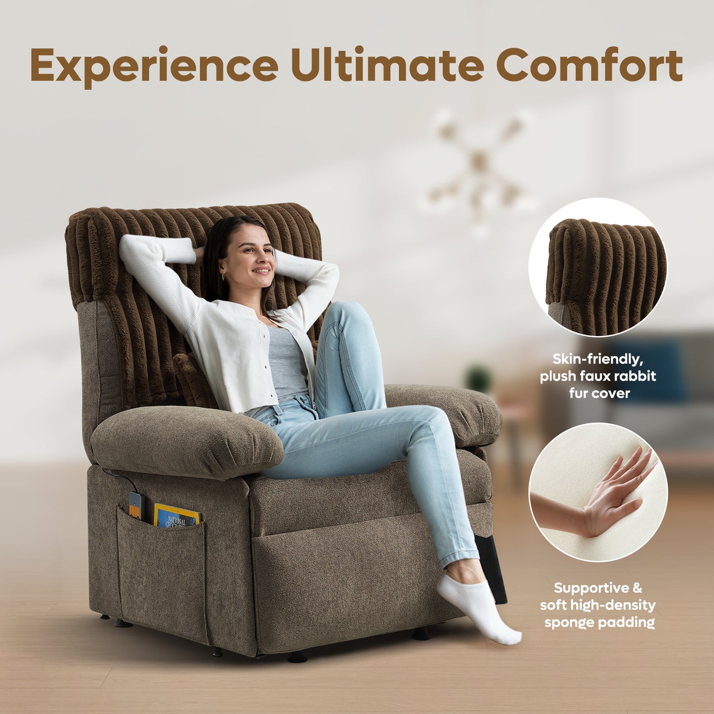 Triple Motor Power Lift Recliner Chair for Elderly Small with Removable Cover, Lumbar Pillow and Side Pocket, Infinite Positioning for Living Room, Bedroom