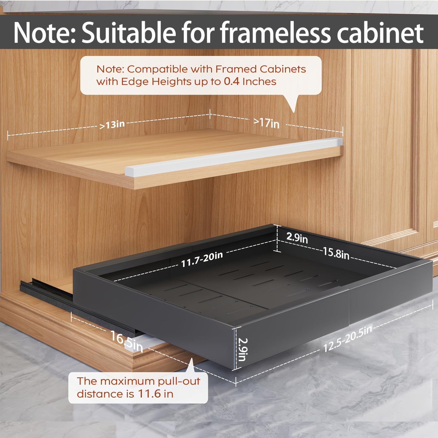 4-Drawer Heavy Duty Slide Out Cabinet Organizer - 17" Deep, Expandable Width 12.6"-20.6", Ultra-Quiet Gliding Rails, Anti-Rust Carbon Steel, Dual-Mount Adhesive/Drill, Multi-Purpose Storage for Kitchen, Bathroom, Garage (Blac