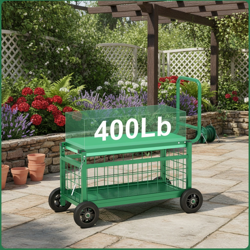 Heavy Duty Rolling Garden Seat Cart With Dual Position Seat And Storage Basket