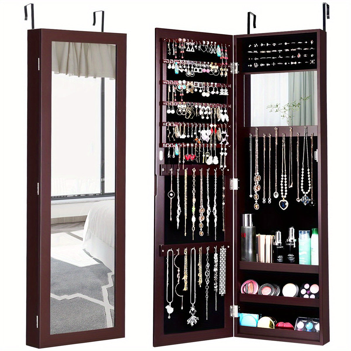 COSTWAY Jewelry Armoire Wall Mounted Cabinet With Full Length Mirror