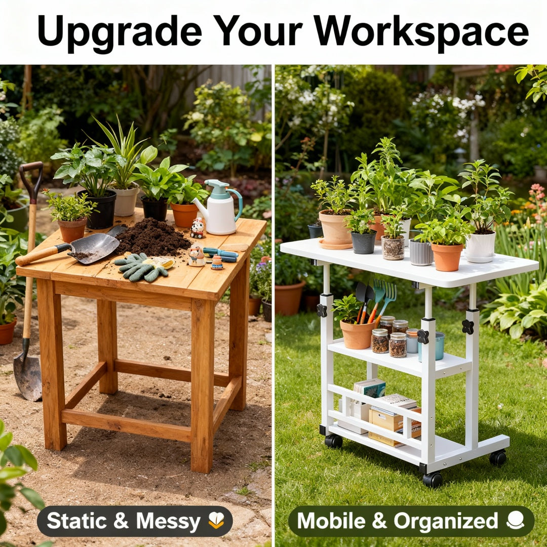 Sturdy Adjustable Height Garden Workbench With Lockable Wheels Metal Frame