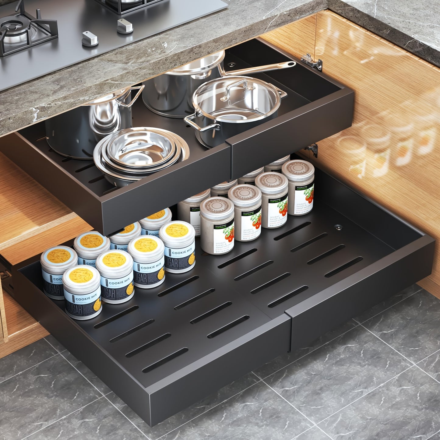 4-Pack Expandable Pull Out Cabinet Organizer, Heavy-Duty Carbon Steel Slide-Out Drawer (12.6"-20.5"W), Silent Sliding Roll-Out Shelf With Adhesive Nano Film Or Screw Installation, Rust-Resistant Storage Rack For Kitchen, Bath