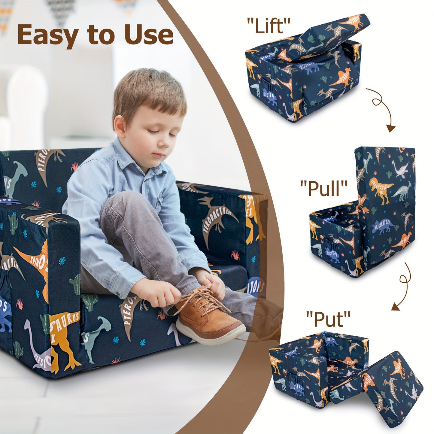 Kids Convertible Sofa Bed Lounge Chair Dinosaur Print