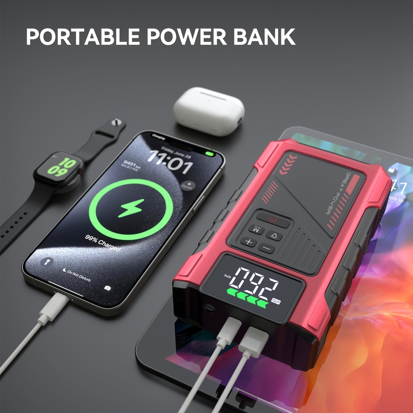 5000A Portable Wireless Car Jump Starter With Air Compressor And USB Output