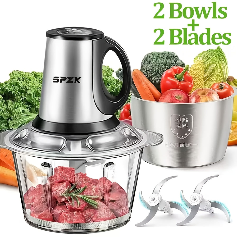 Stainless Steel Electric Food Chopper Meat Grinder With 2 Bowls 2 Blades