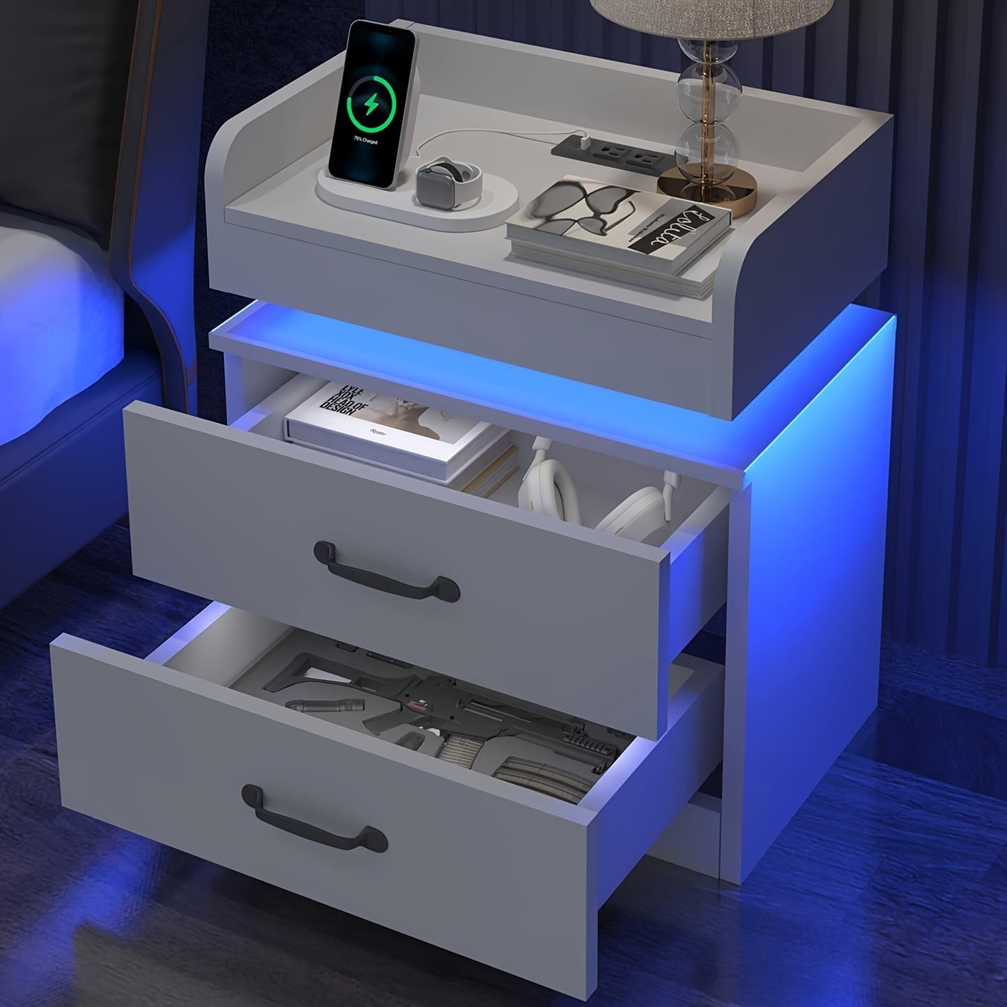 Nightstand With Charging Station And LED Lights Modern End Table With 2 Drawers