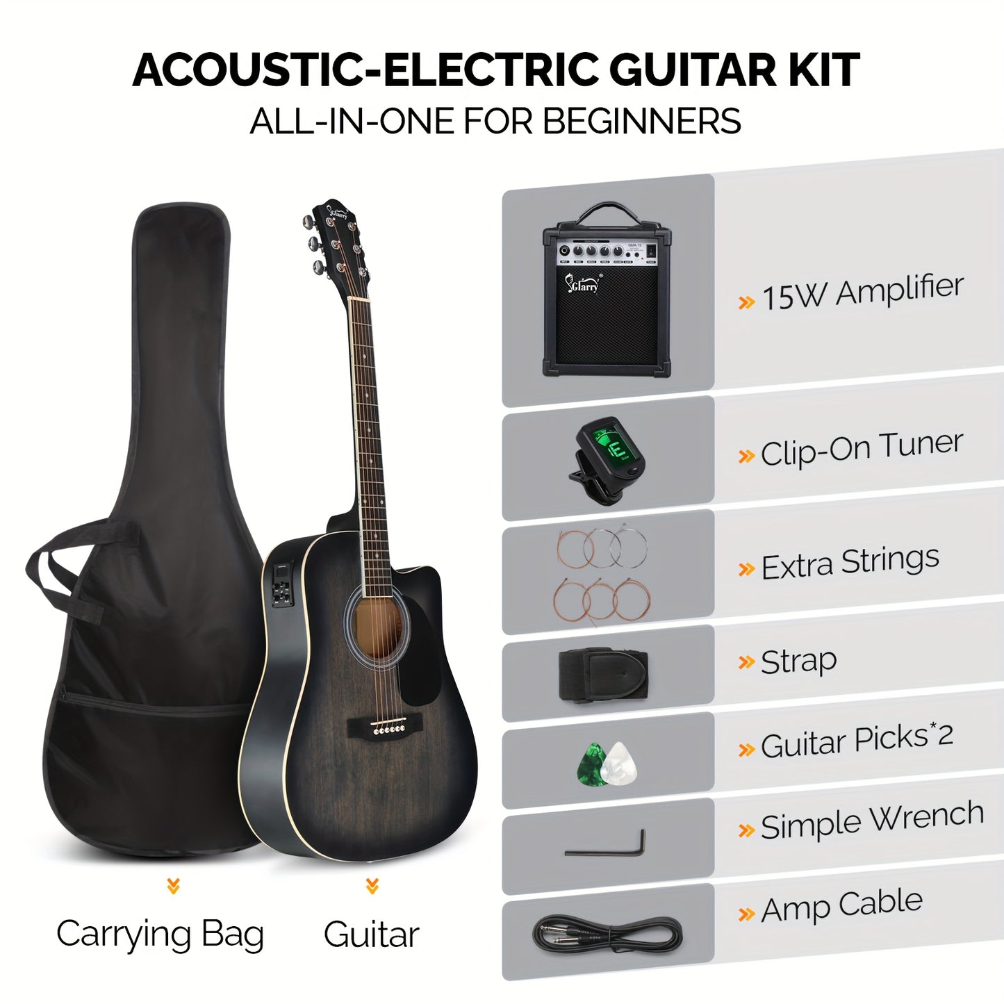 Premium Folk Guitar Kit with 15W Amp and Onboard 4 Band EQ