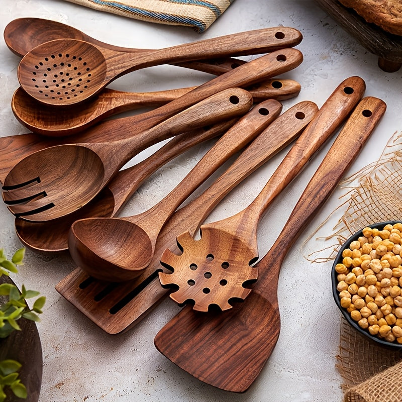 10pcs Quality Teak Cookware Set - Non-stick Friendly, Heat Resistant, Ergonomic Handle, Comfortable Grip - Perfect For Stirring, Baking, Serving And Easy Cooking