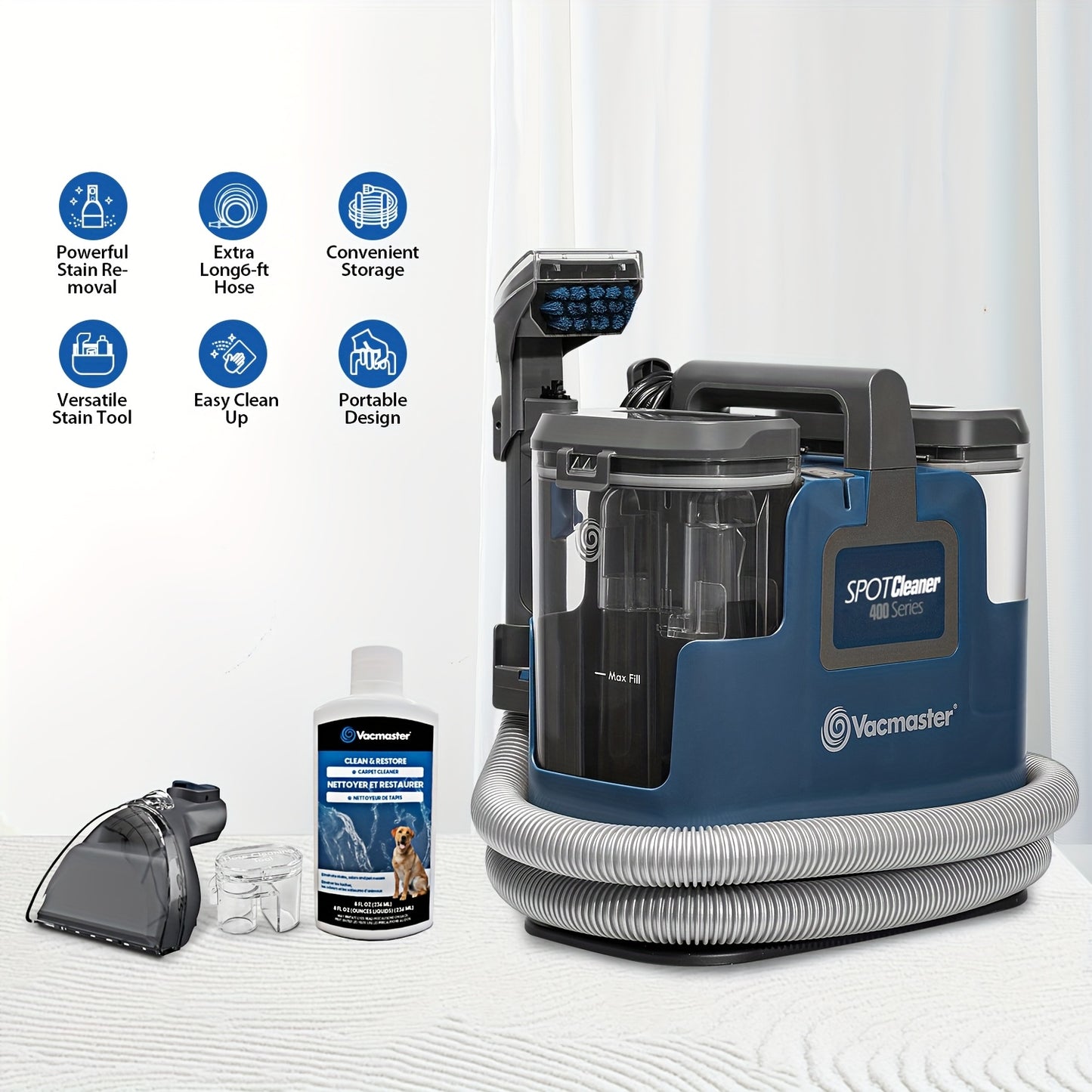 400 Series Portable Carpet & Upholstery Spot Cleaner Machine, 15Kpa Power Suction With Versatile Tools For Pets, Area Rugs And Couches