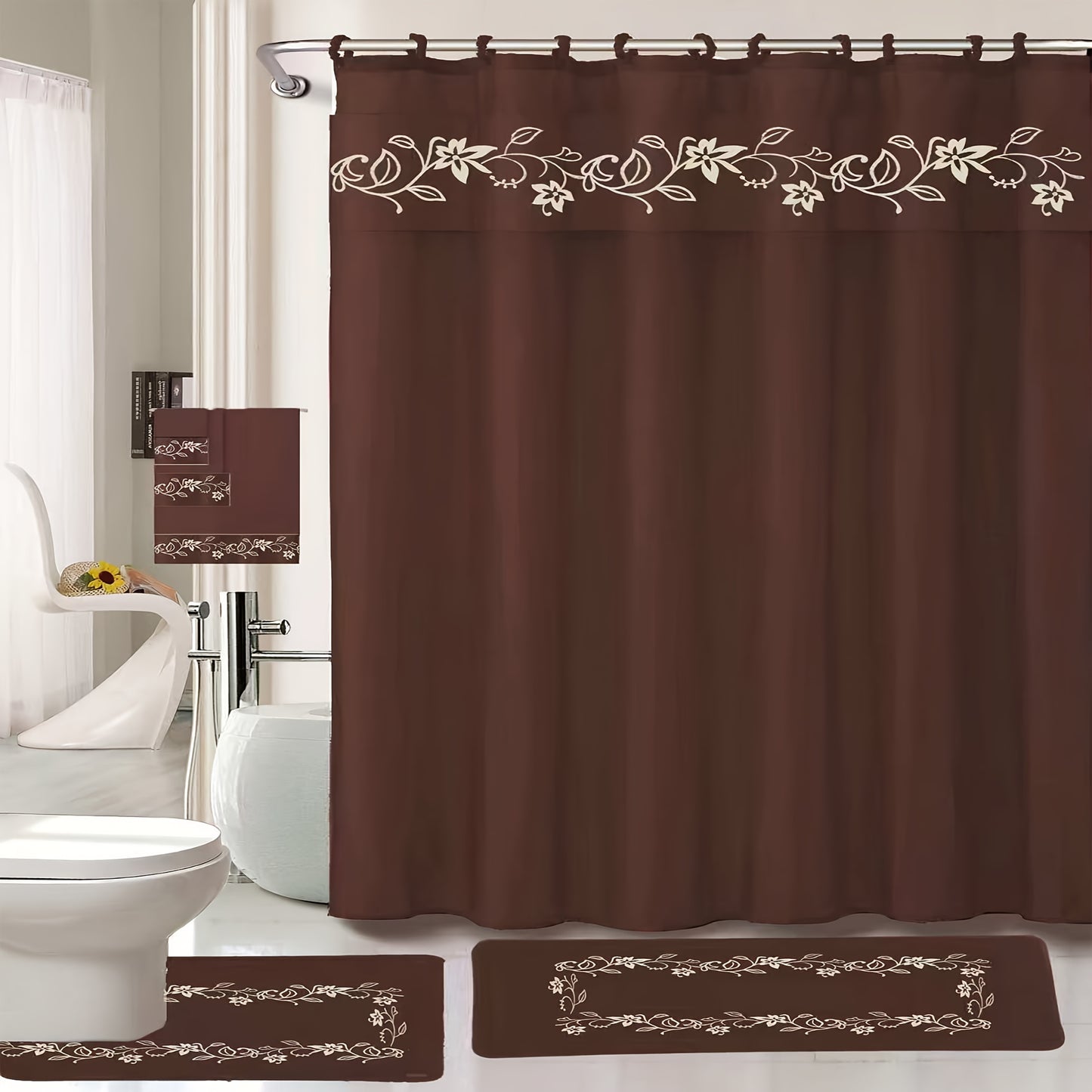 Shower Curtain Set With Embroidery And Non Slip Bath Rug Mats 3 Piece Towel Set
