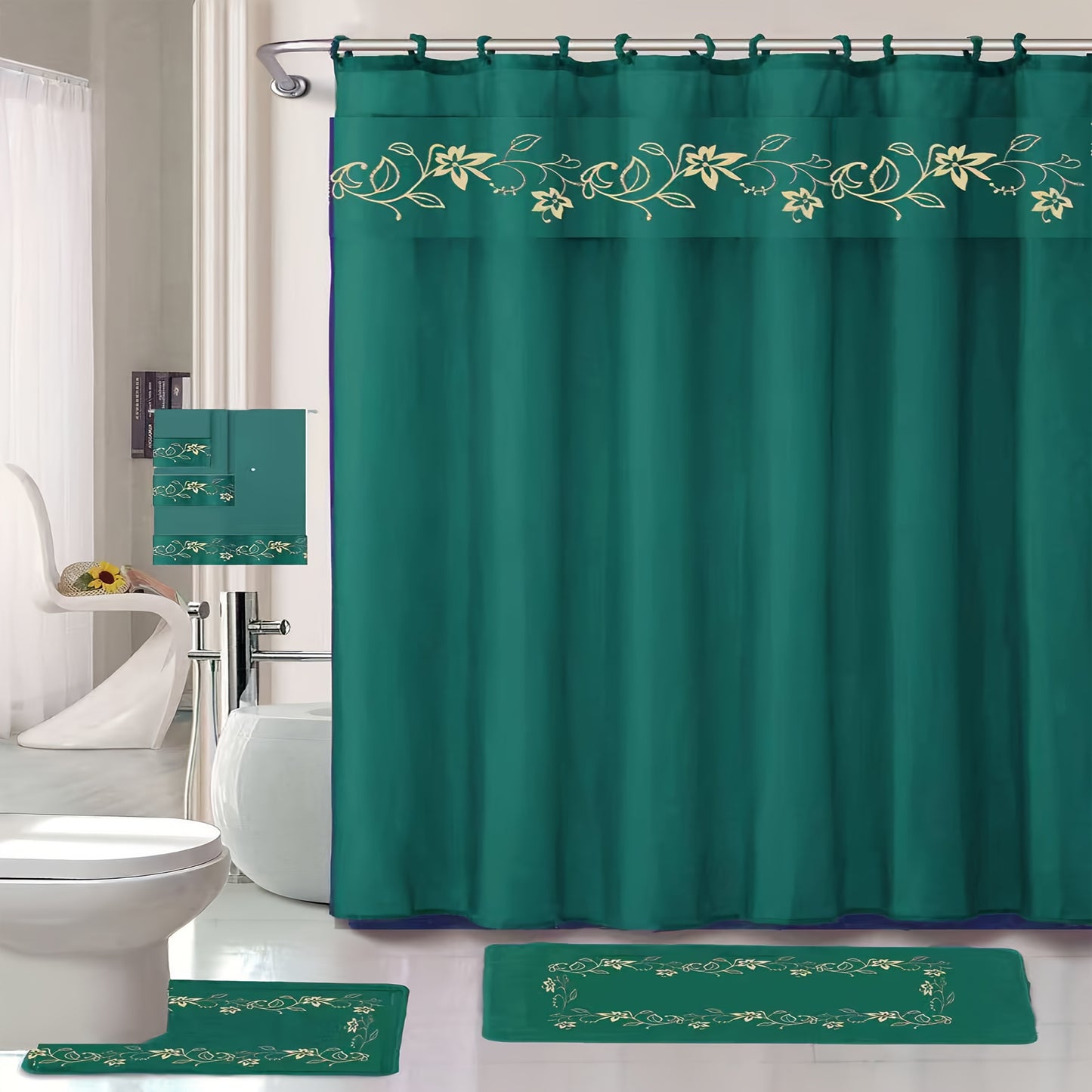 Shower Curtain Set With Embroidery And Non Slip Bath Rug Mats 3 Piece Towel Set