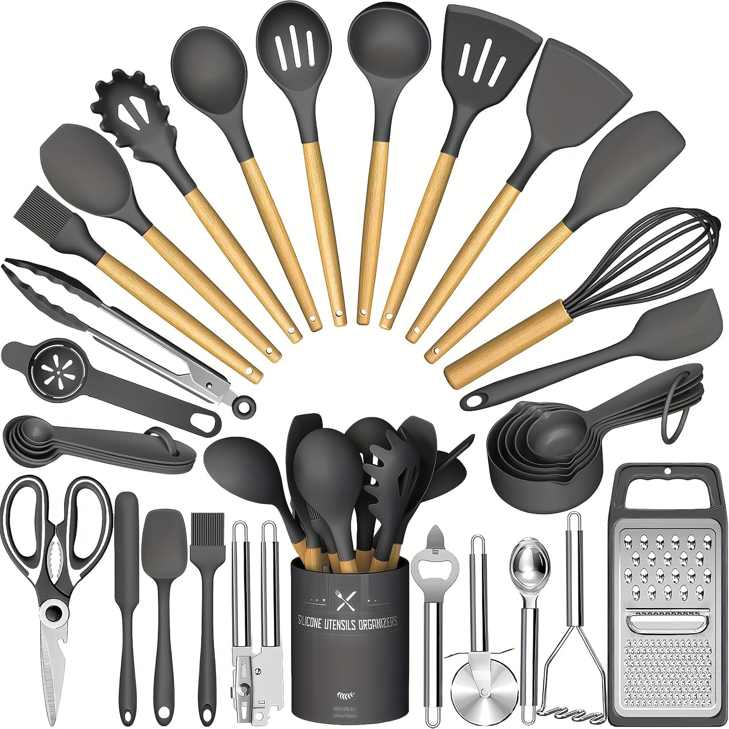 [Heat Resistant Kitchen Utensils] 34PCS Heat Resistant Silicone Kitchen Utensils Set - Cooking Utensils With Holder, Nonstick Cookware Spatula Set, Black Wooden Handles Kitchen Gadgets Tools Set