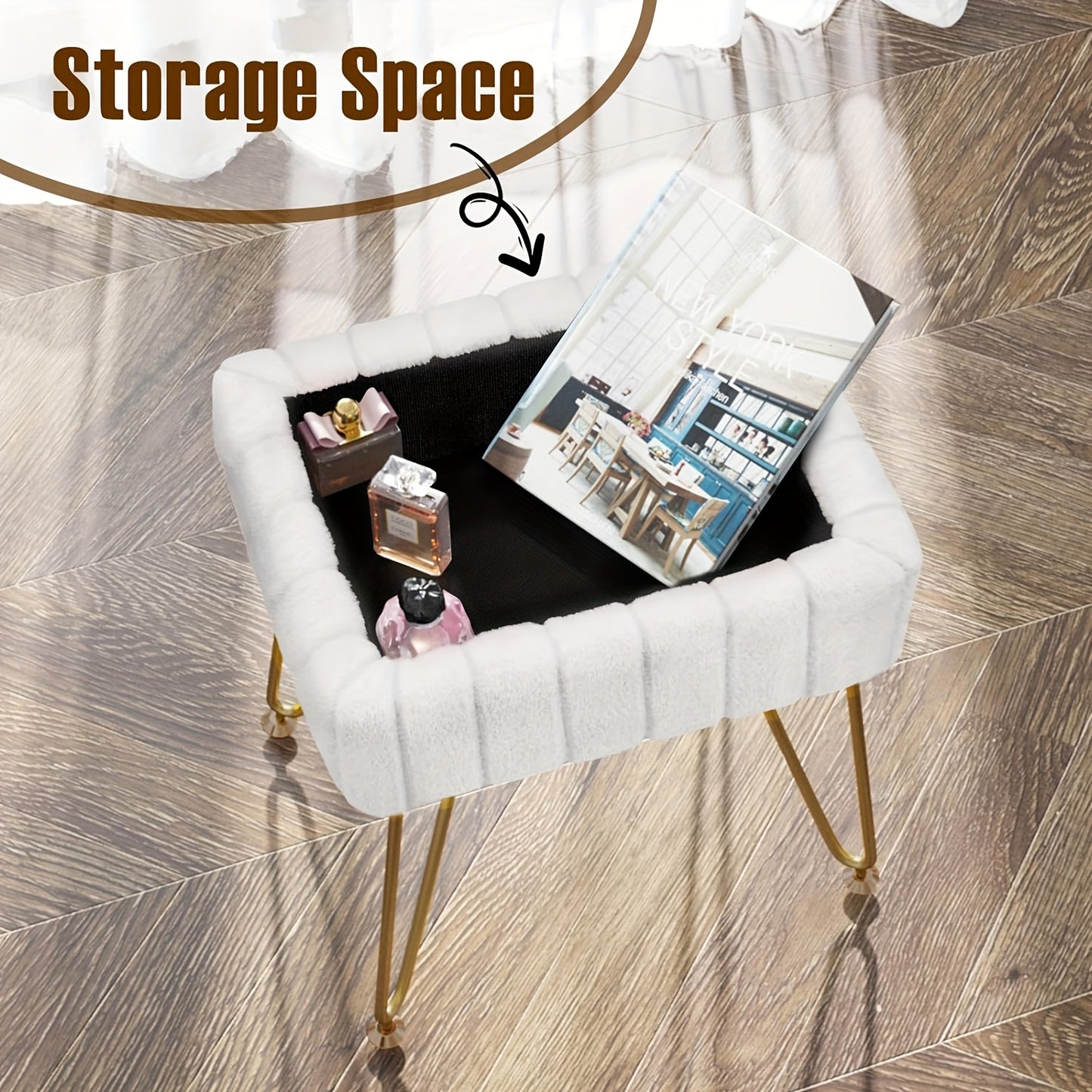 Vanity Chair With Storage Dual Purpose Makeup Stool Four Golden Metal Bases