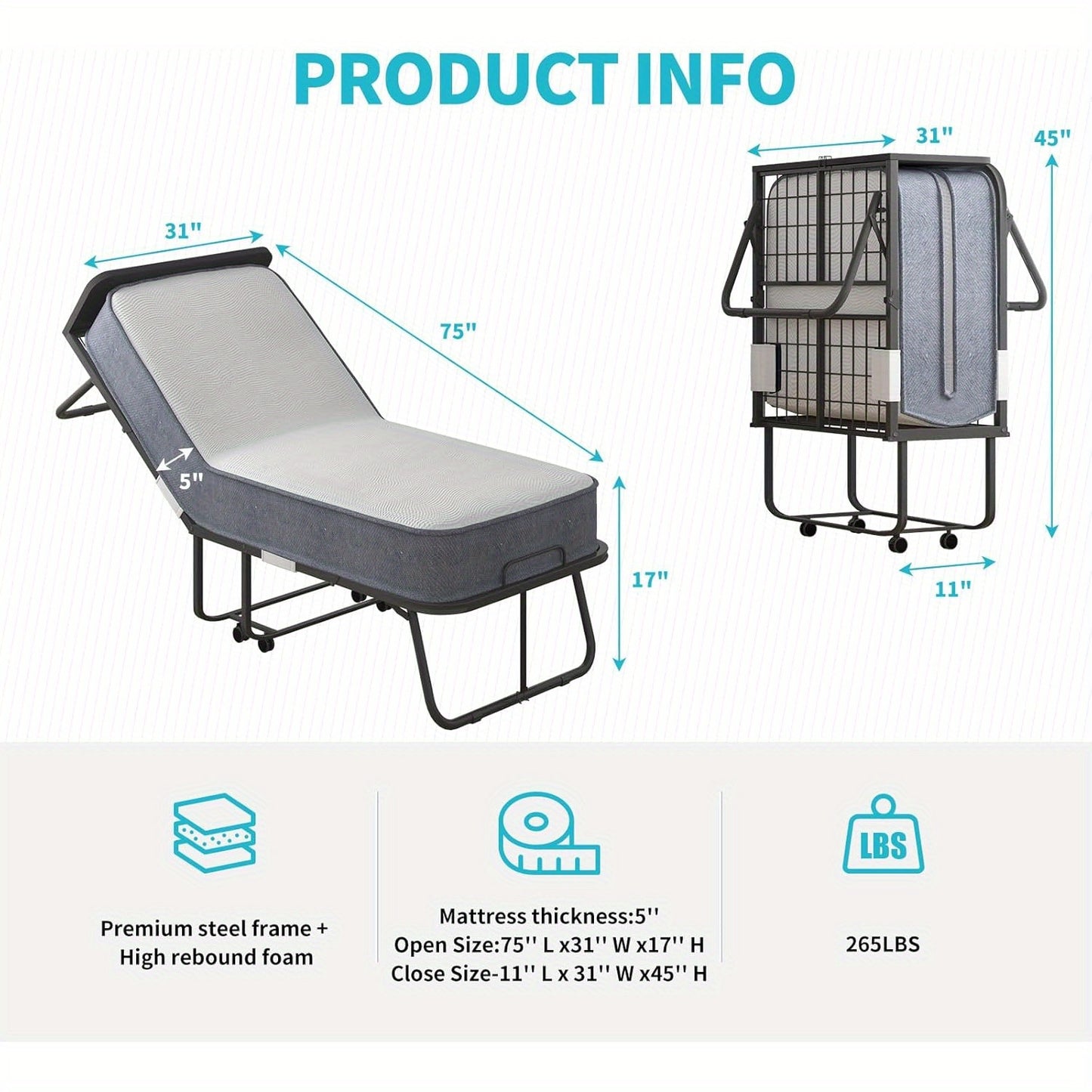Foldable Bed With 5 Inch Foam Mattress Rollaway 75 By 31