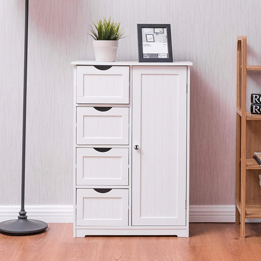 White Bathroom Storage Cabinet With Single Door And 4 Drawers
