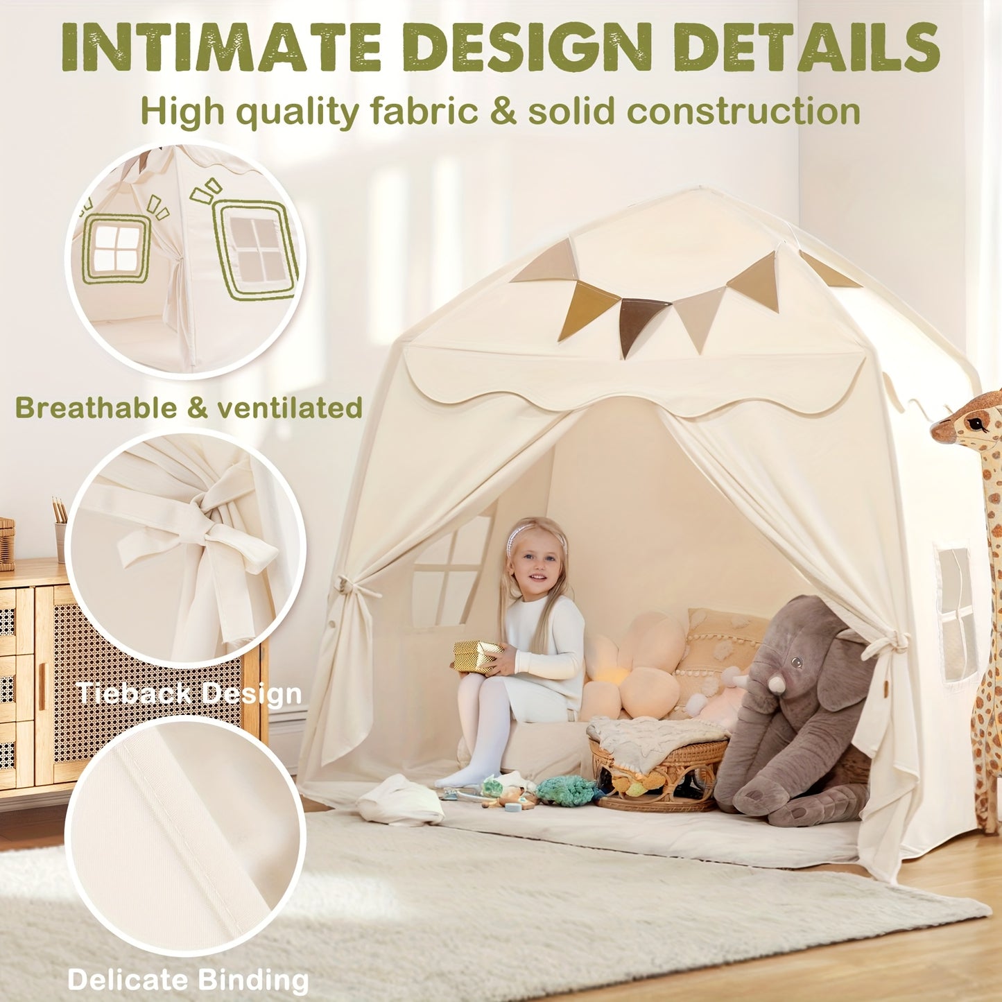 Extra Large Kids Play Tent With Flags, Portable & Foldable Teepee, Indoor Outdoor Dome Tent Playhouse, Bed Tent Bed Canopy For Boys & Girls, 59x39x59 In, Toys Not Include, Christmas & Halloween