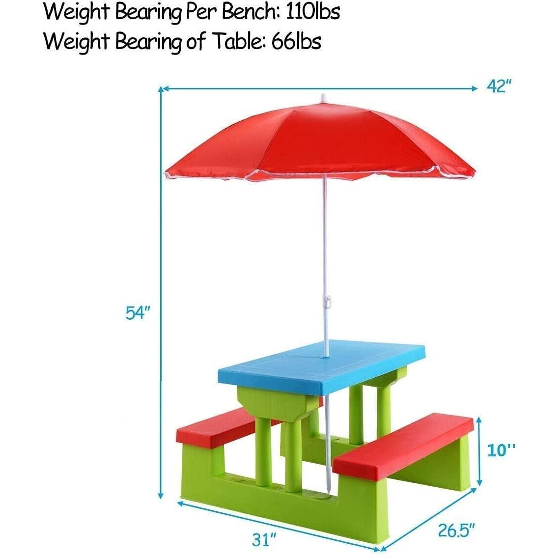 GYMAX Kids Picnic Table, Safe PP Table & Bench Set with Removable & Foldable Umbrella, Kids Activity Table Set Seat up to 4 Children for Backyard, Garden, Outdoors, Indoors., Portable Picnic Table, Picnic Table Foldable, Gard