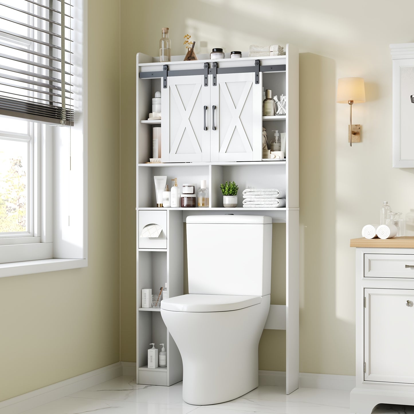 Over The Toilet Storage Cabinet With Toilet Paper Holder Stand Space Saving Grey