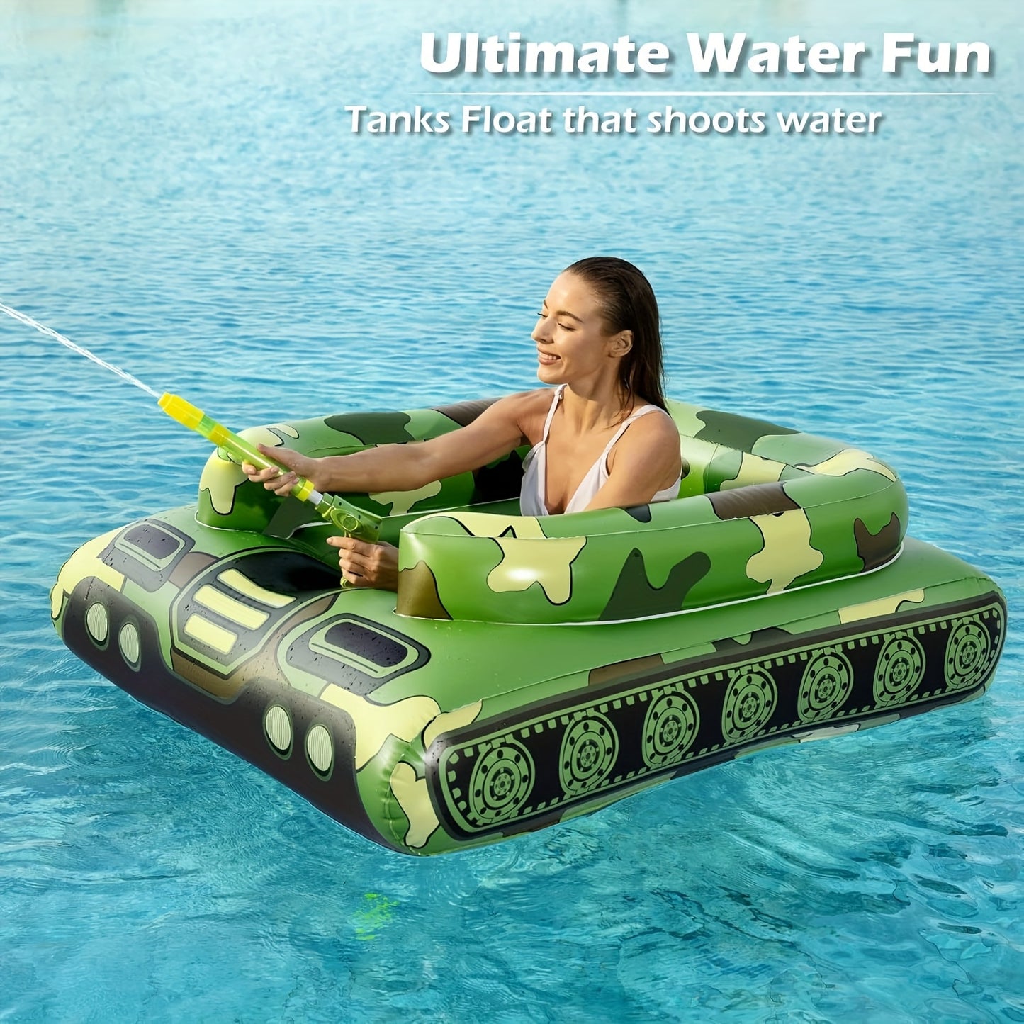 57-Inch XL Camouflage Inflatable Tank Pool Float For Adults - Heavy-Duty PVC Swimming Pool Floaties Swim Raft Floaty With Water Cannon, Ride-On Design Summer Water Toy For Pool, Lake & Beach Parties