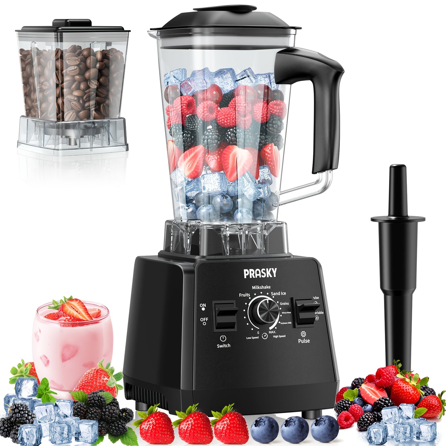 PRASKY 2400W Blender And Food Processor Combo 68oz 2 Containers 25000RPM