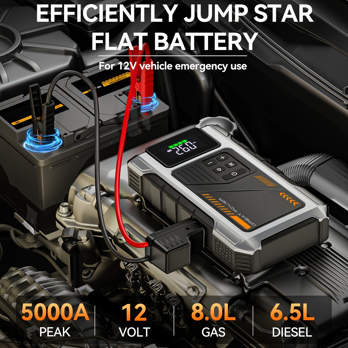 5000A Portable Wireless Car Jump Starter With Air Compressor And USB Output