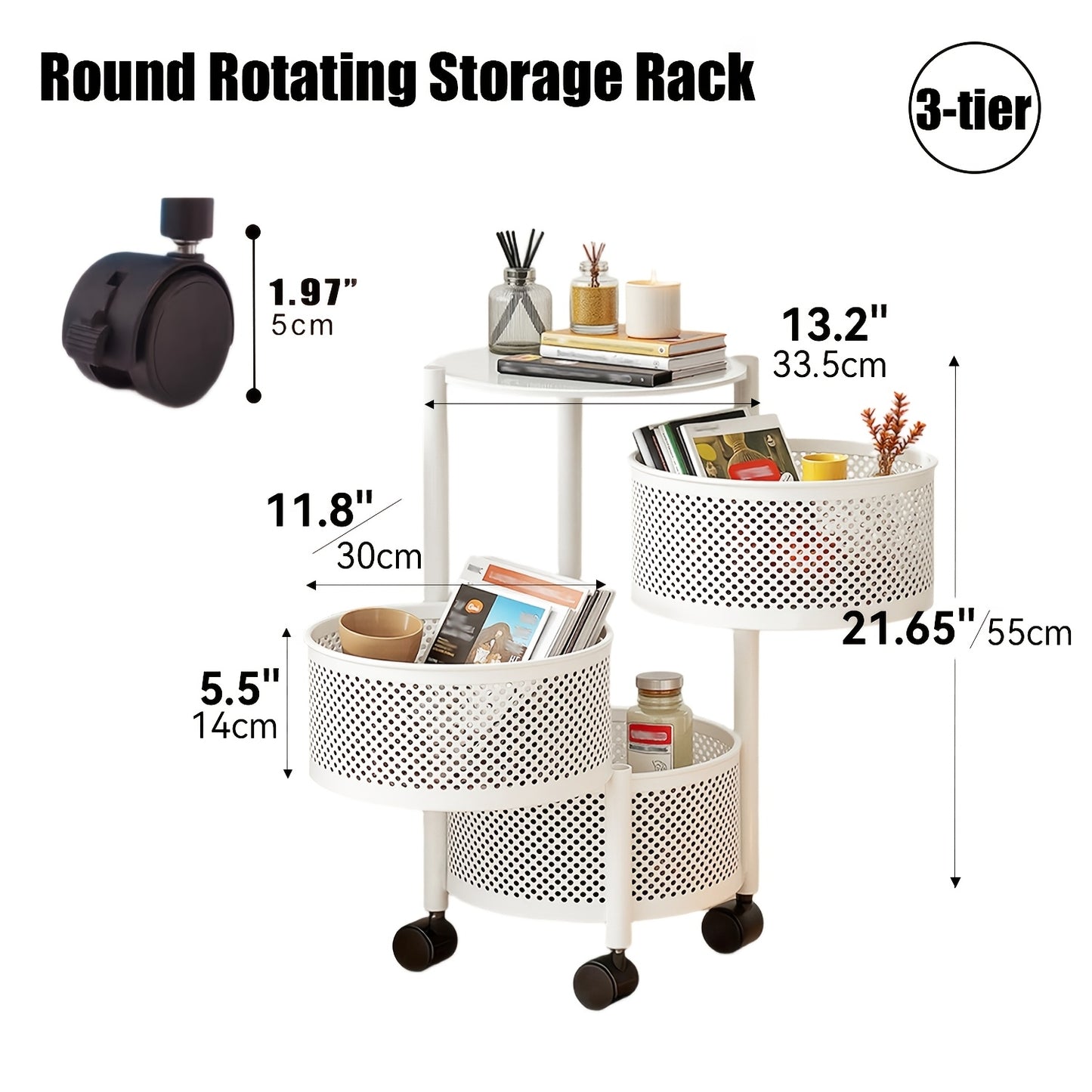 5 Tier Rotating Storage Shelf With Rolling Baskets Metal Mobile Bookcase Office