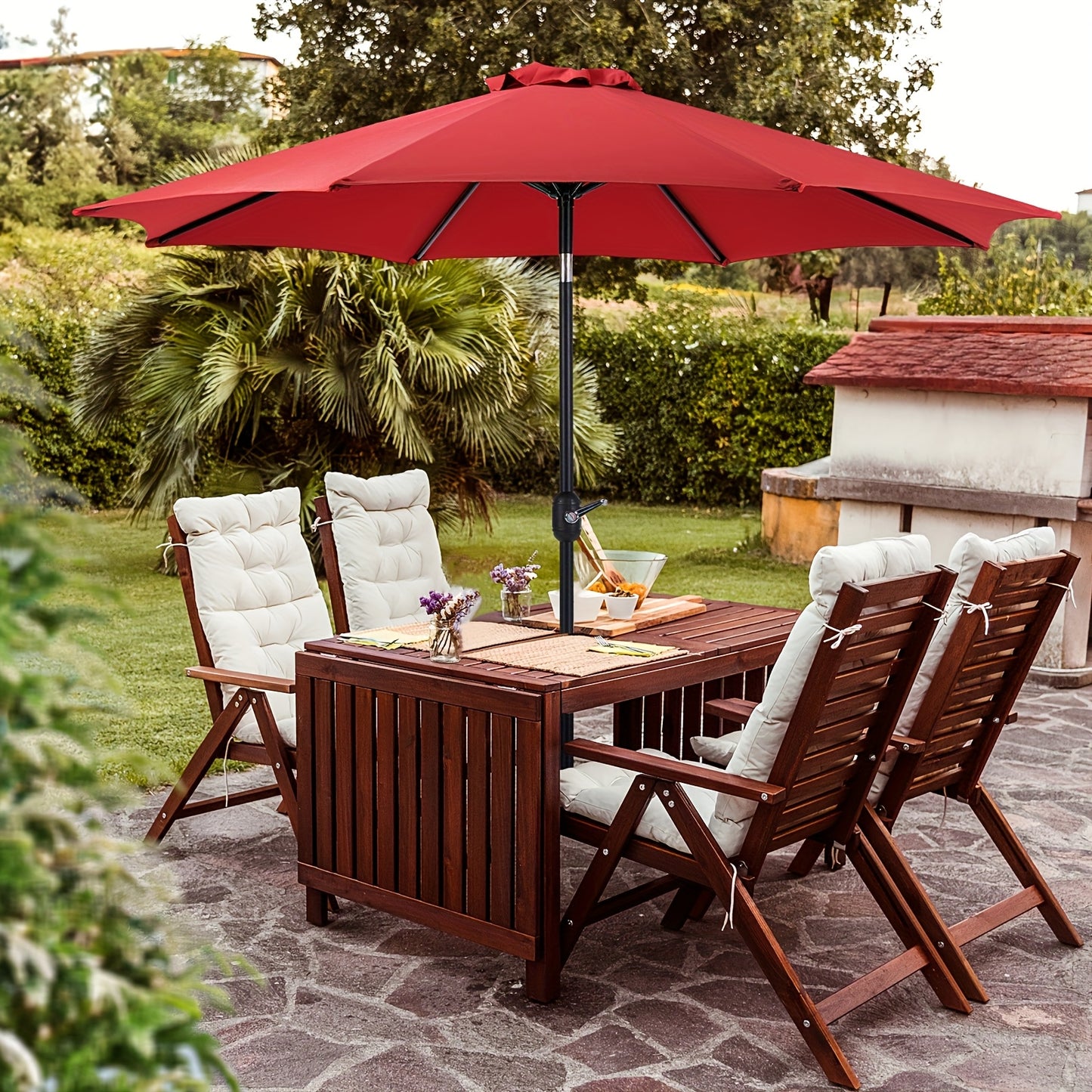 [Outdoor Patio Umbrella] 9ft Outdoor Patio Umbrella | 8 Colors, Push Button Tilt Crank, 8 Iron Umbrella Ribs, For Garden, Deck, Backyard, Pool, Garden Houses (No Base)