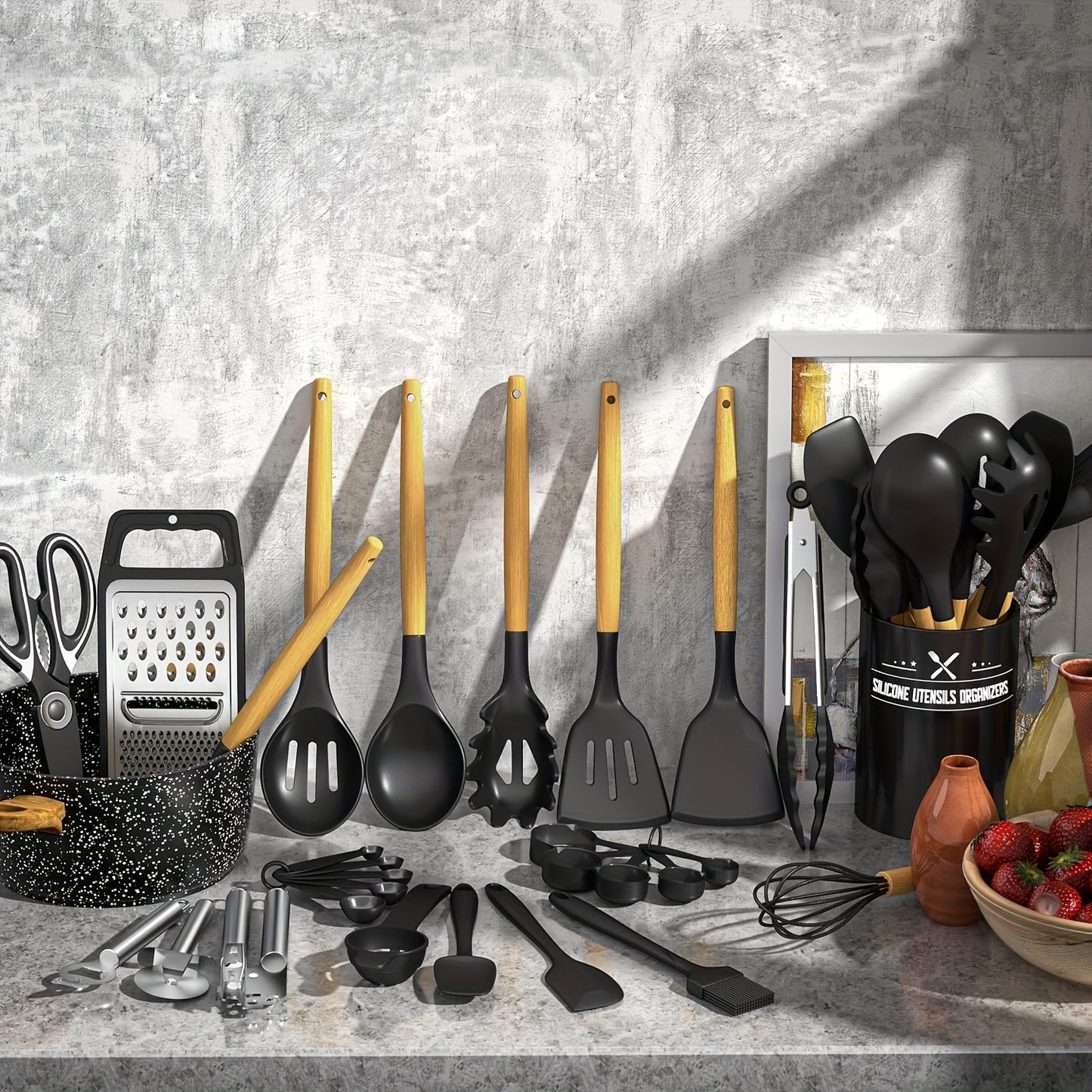 [Heat Resistant Kitchen Utensils] 34PCS Heat Resistant Silicone Kitchen Utensils Set - Cooking Utensils With Holder, Nonstick Cookware Spatula Set, Black Wooden Handles Kitchen Gadgets Tools Set