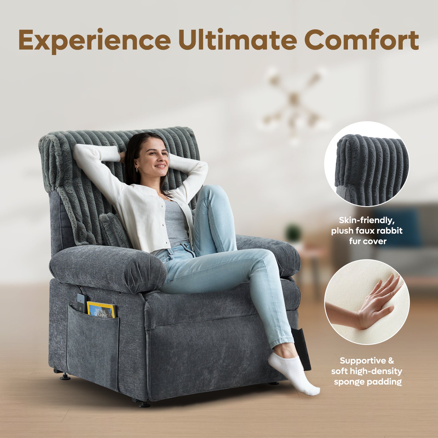 Triple Motor Power Lift Recliner Chair for Elderly Small with Removable Cover, Lumbar Pillow and Side Pocket, Infinite Positioning for Living Room, Bedroom