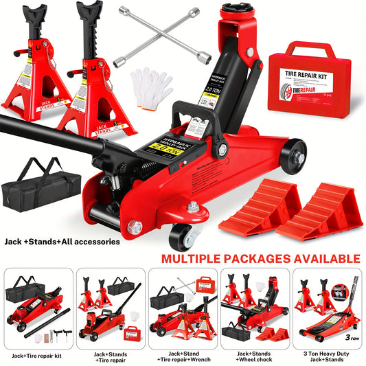 2/2.5/3 Ton Capacity, Jack Kit Low Profile Hydraulic Trolley Service/Floor Jack Combo, Multiple meal plans to choose from 3 Ton Jack Stands 2PCS, Tire Repair Kit, 14-inch Wheel Cross Wrench, Wheel Chock, Jack Accessories Red/