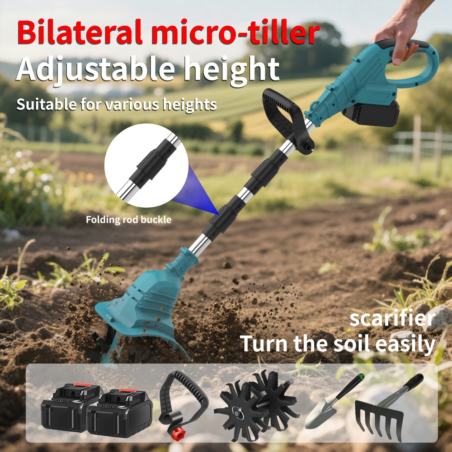 21V Cordless Tiller And Garden Scarifier 270 RPM With 2 Batteries And Charger