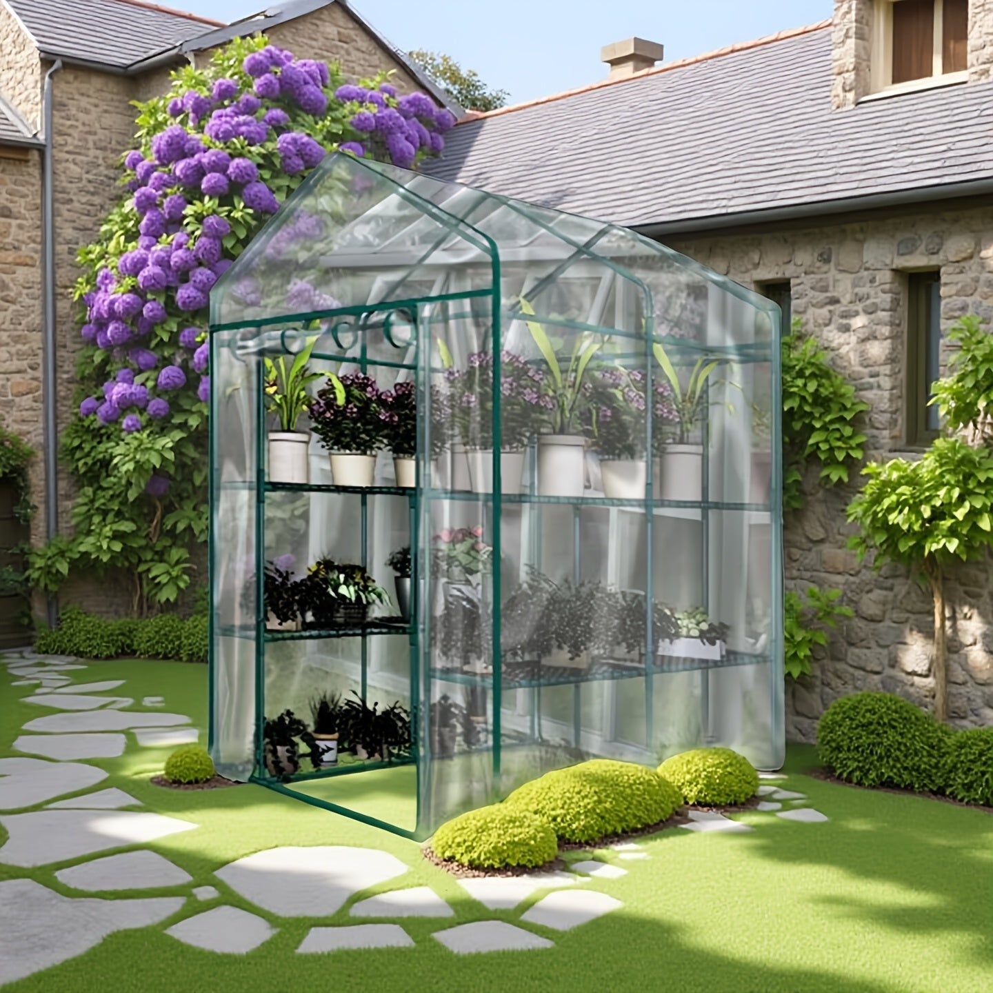 Four Tier Mini Portable Walk In Bell Shape Greenhouse Clear PVC Cover Wheels