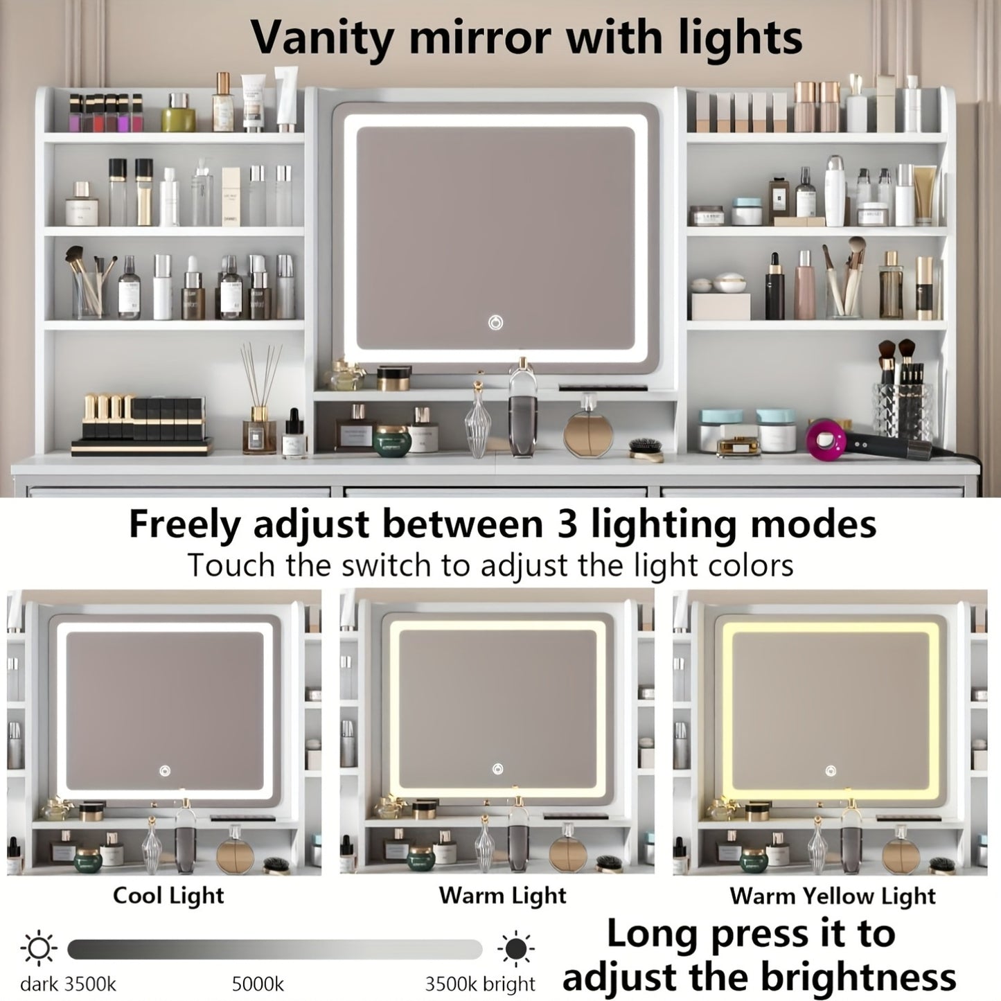 Makeup Vanity With Mirror 9 Fabric Drawers 8 Shelves 3 Lighting Colors White