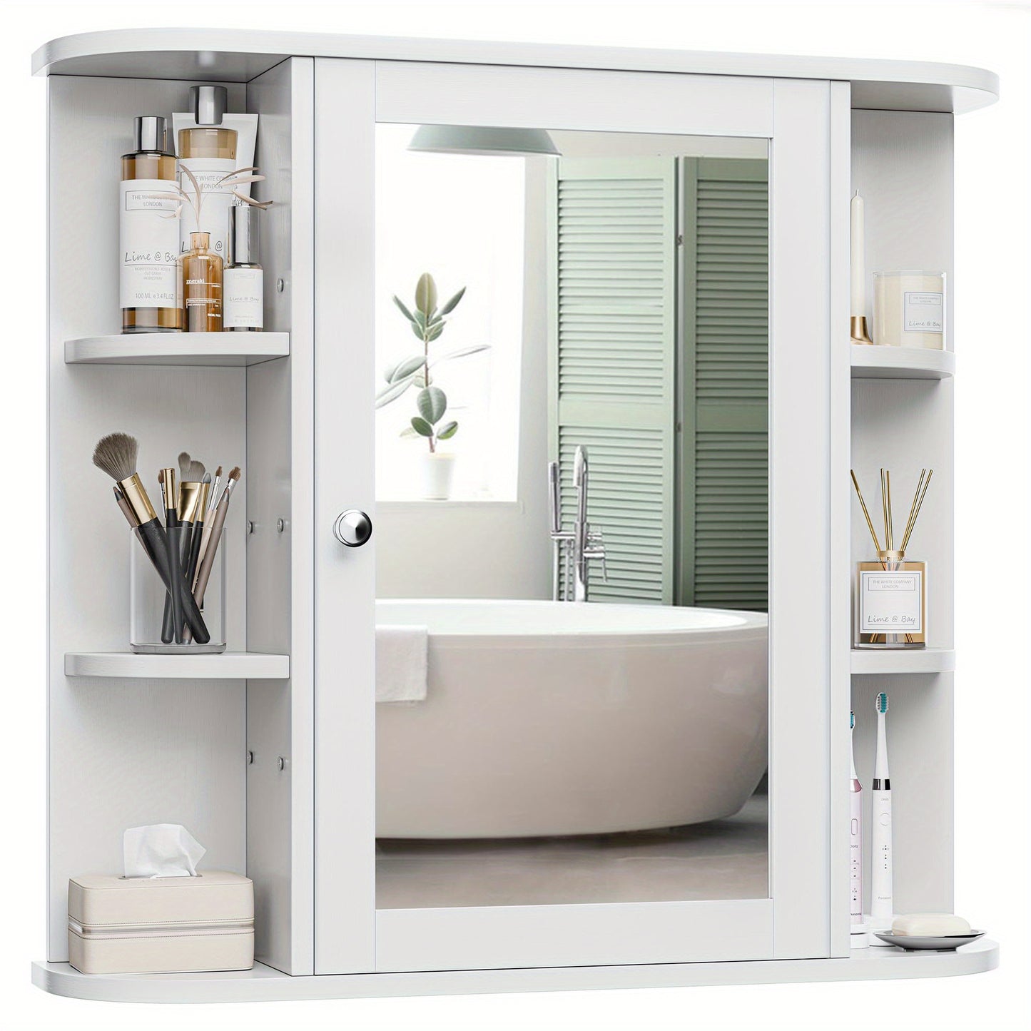 White Bathroom Wall Mount Medicine Cabinet With Mirror And Six Side Open Shelves