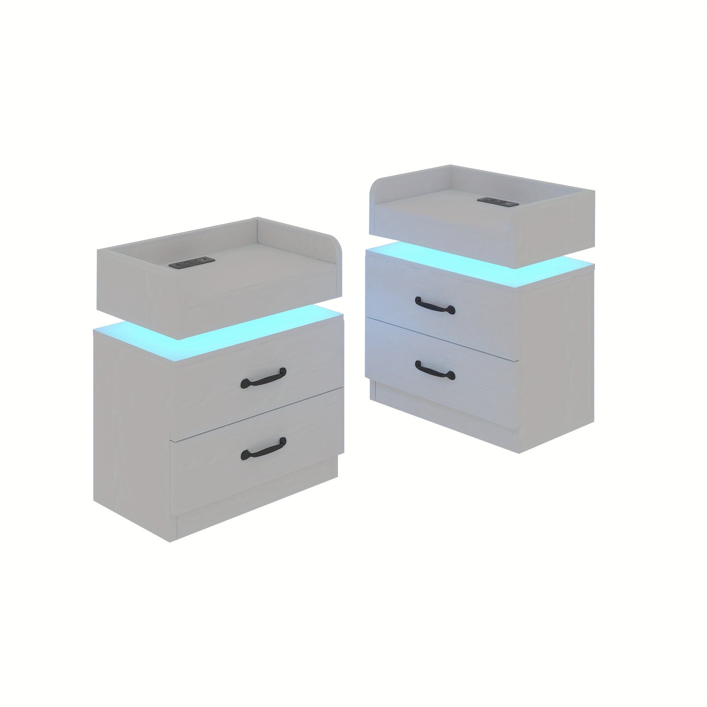 Nightstand With Charging Station And LED Lights Modern End Table With 2 Drawers