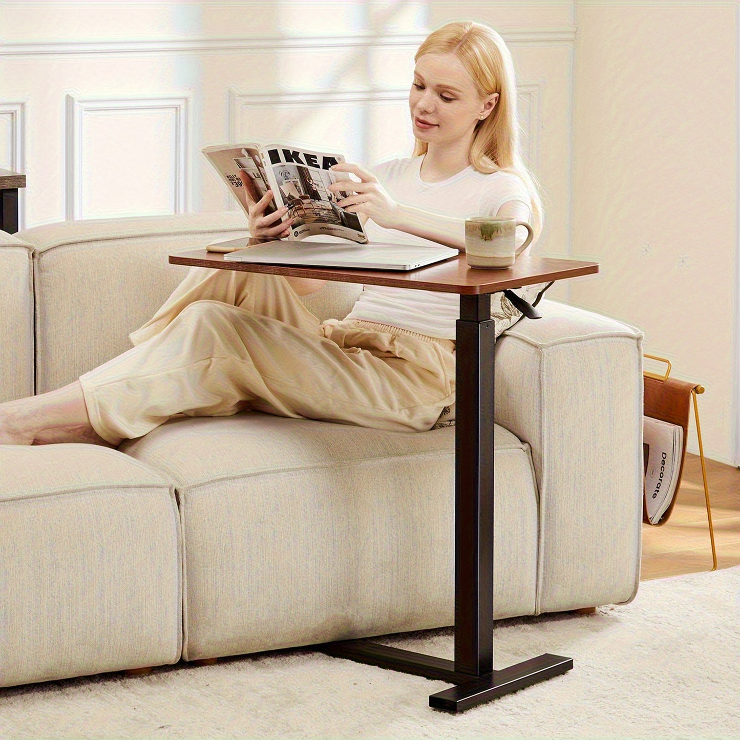 [Durable Adjustable Bed Table] Adjustable Bed Table with Lockable Wheels | Sturdy and Durable for Hospital and Home Healthcare Use